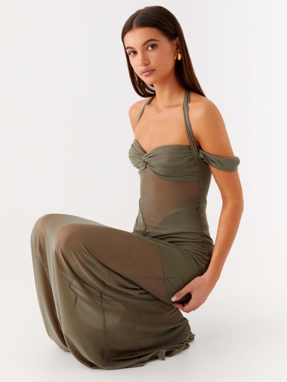 NWT Peppermayo Olive Green Off-Shoulder Halter Ruched Mesh Maxi Dress 6 - Picture 3 of 7